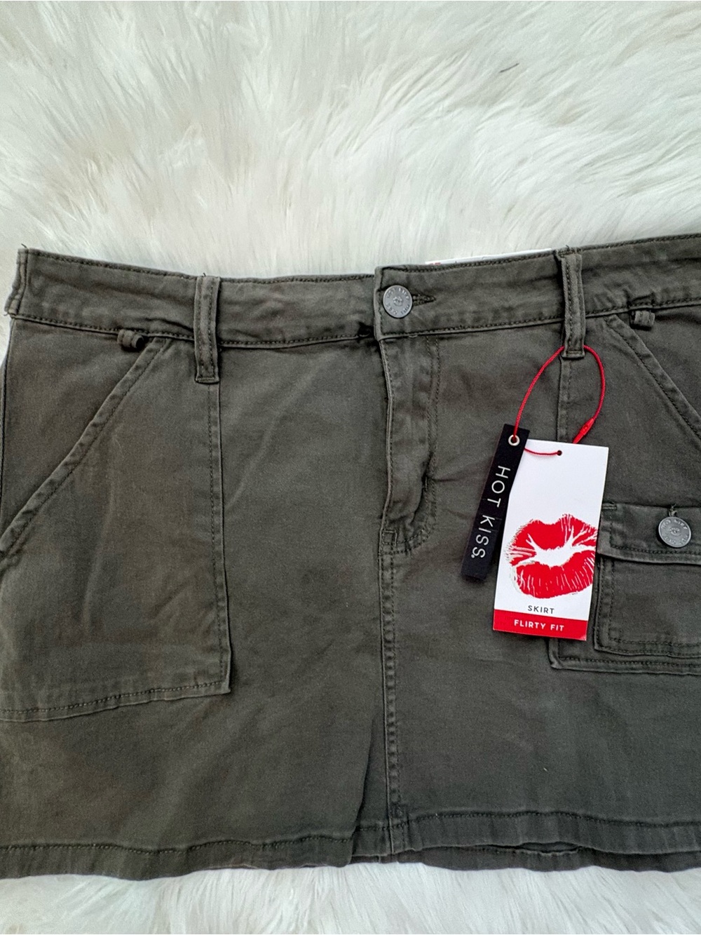 Hot Kiss Olive Utility Mini Skirt with Logo Tag